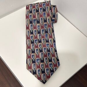 SEIGO Men's Geometric Pattern Tie in Burgundy, Navy & Beige